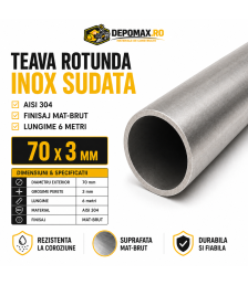 Teava rotunda inox sudata AISI 304, 70 x 3 mm, 6 metri